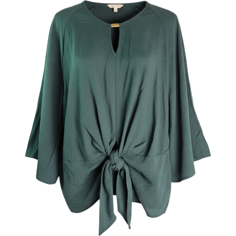 Krazy‎ Kat Blouse Women Large Green Front Tie Knot Jacquard 3/4 Sleeve Top